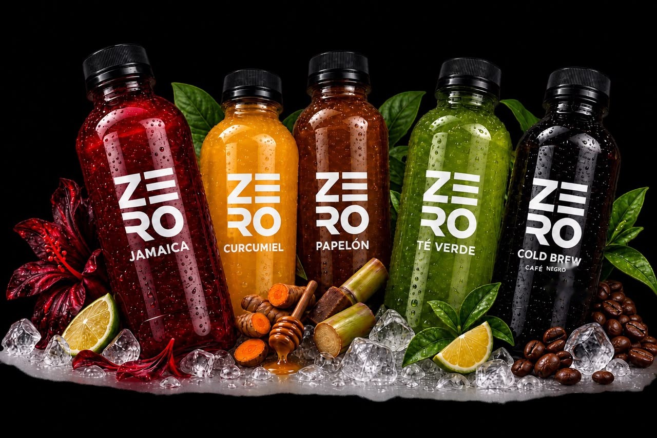 Las cinco botellas ZERO — Jamaica, Curcumiel, Papelón, Té Verde y Cold Brew, con sus ingredientes
