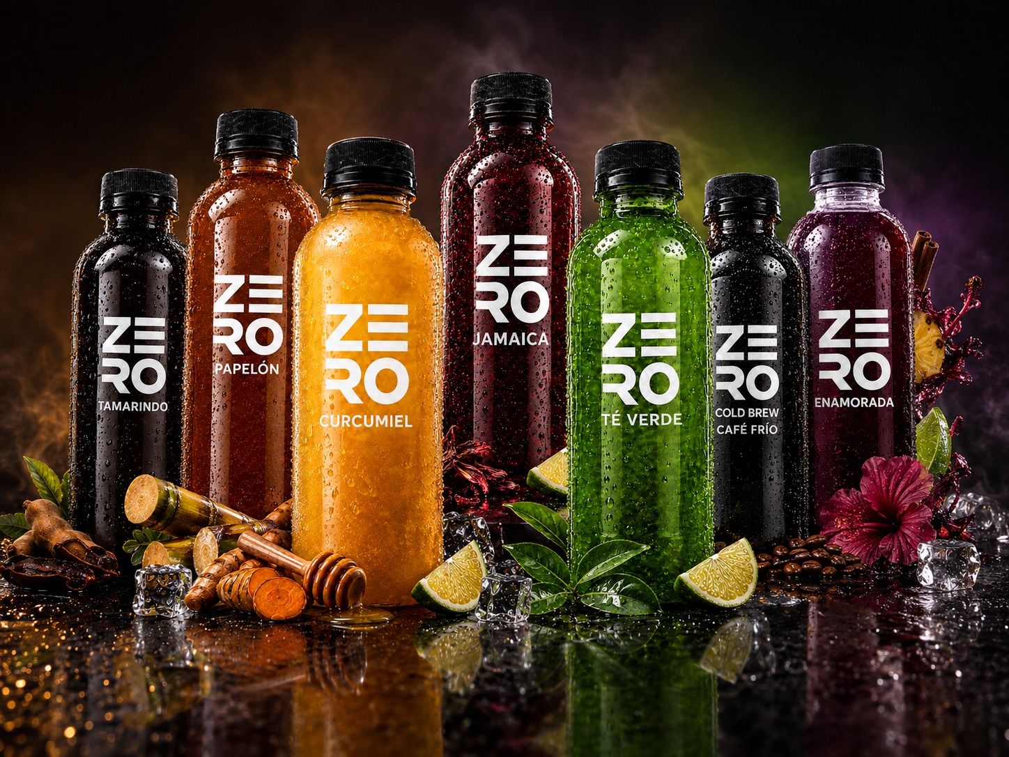 Pack Descubre — las 5 botellas ZERO, una de cada sabor, sobre hielo